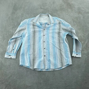 Tasso Elba Mens Blue & Gray Striped Linen & Cotton Long Sleeve Shirt XL 0832